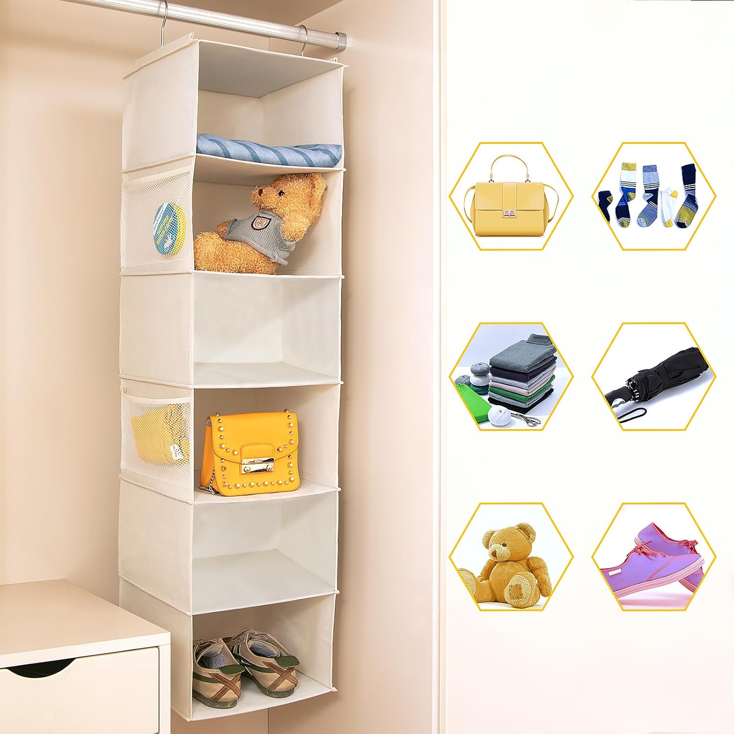 6 Shelves Hanging Closet Organizer, 2 Pack Hanging Storage with 4 Side Pockets for Clothes Shoes, 43.5"x12"x12"(Beige)