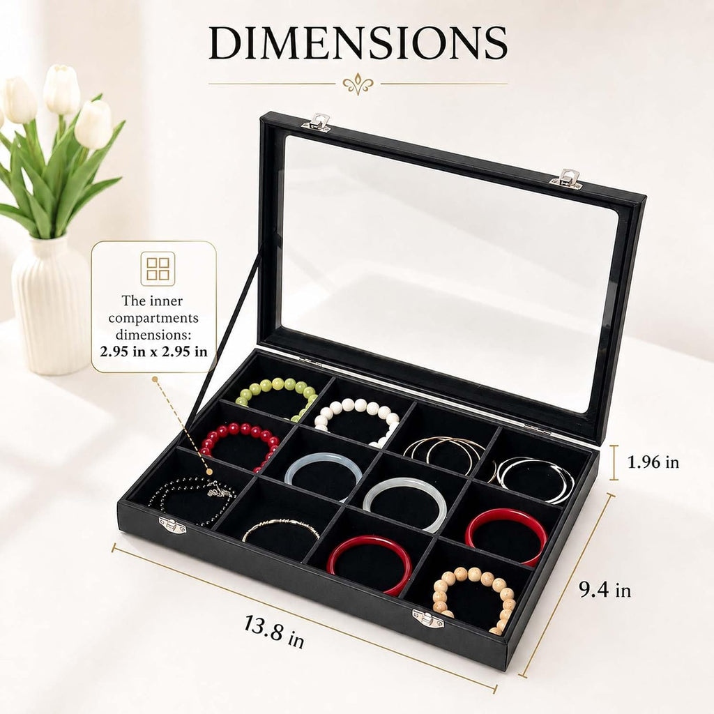 Black 12 Grid Jewelry Organizer Display Box with Transparent lid Bracelets Display Case Bracelet Box with Clasp Bangle Organizer Drawer Insert Bangle Brooch,Gift for Women Girls(12 Grid)