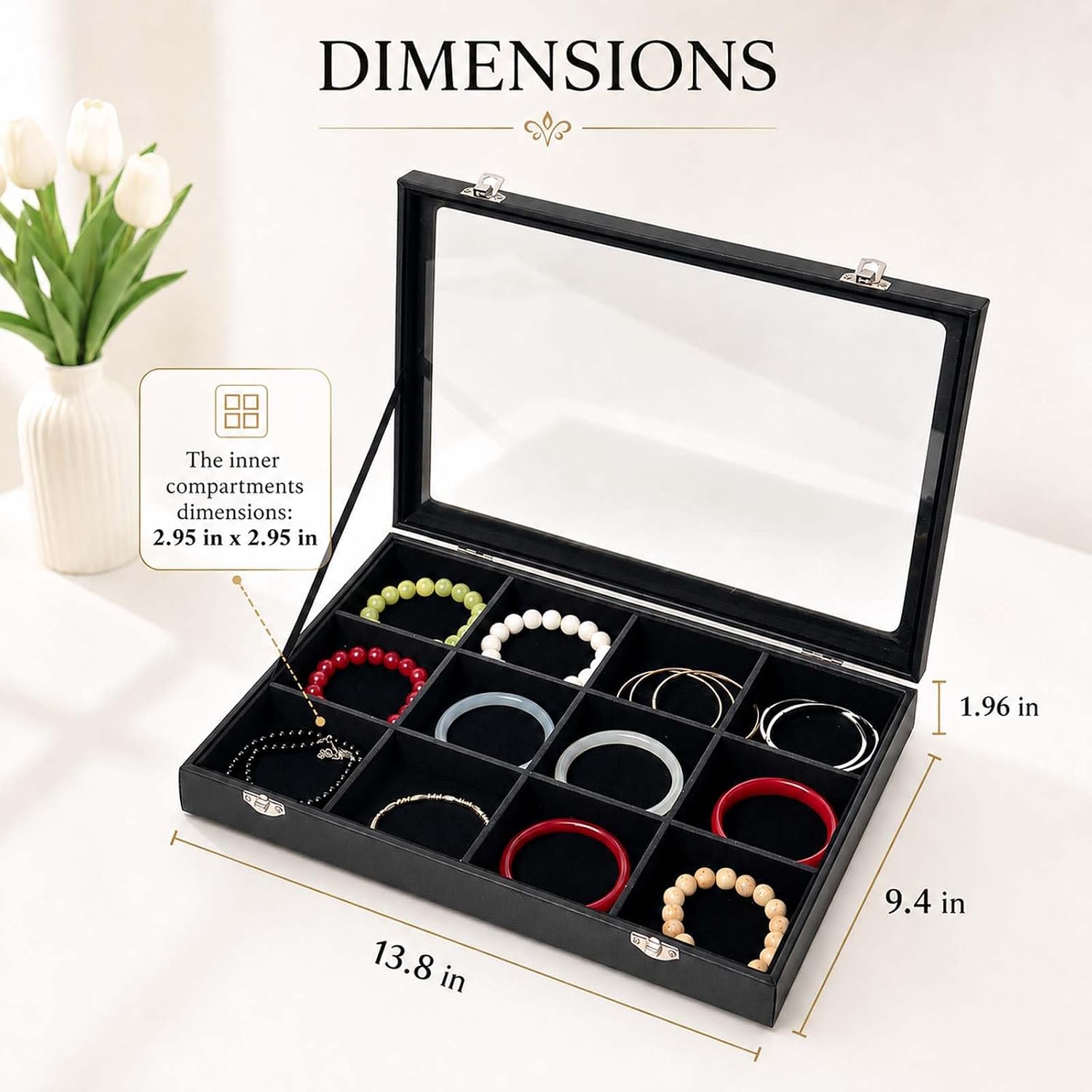 Black 12 Grid Jewelry Organizer Display Box with Transparent lid Bracelets Display Case Bracelet Box with Clasp Bangle Organizer Drawer Insert Bangle Brooch,Gift for Women Girls(12 Grid)