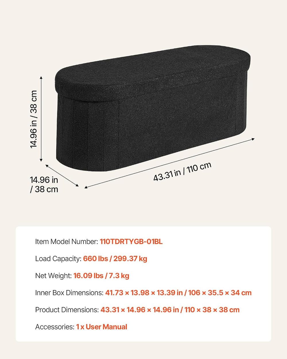 VEVOR Oval Storage Ottoman Bench, Foldable Teddy Fleece End of Bed Bench, Fol...