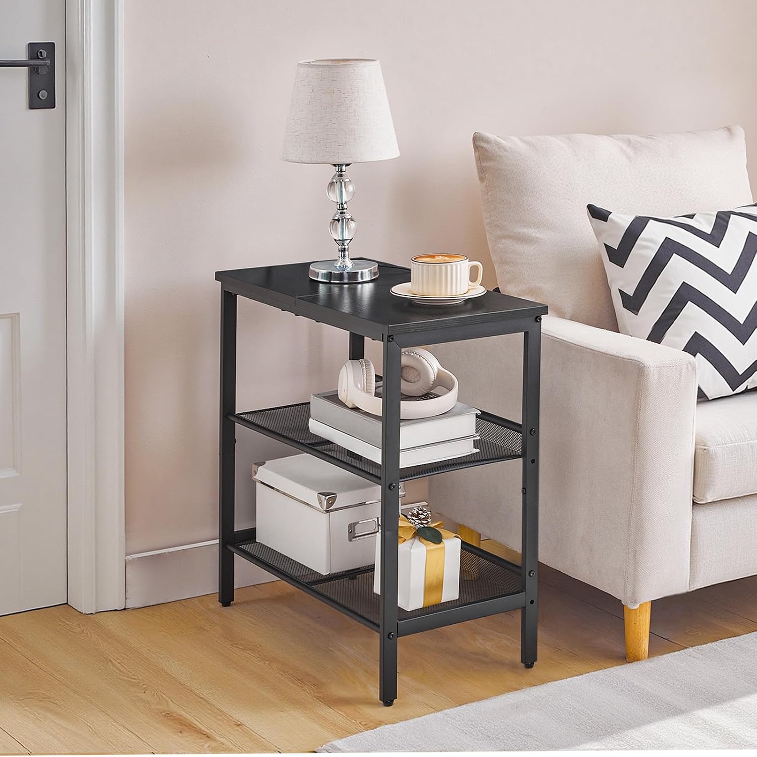 HOOBRO Black Side Table, 3-Tier Metal Side Table, Small Black Table with 2 Flat or Slant Adjustable Shelves for Small Spaces, Hallway, Living Room, Bedroom, Sturdy, Easy Assembly, Black BB23BZ01G1