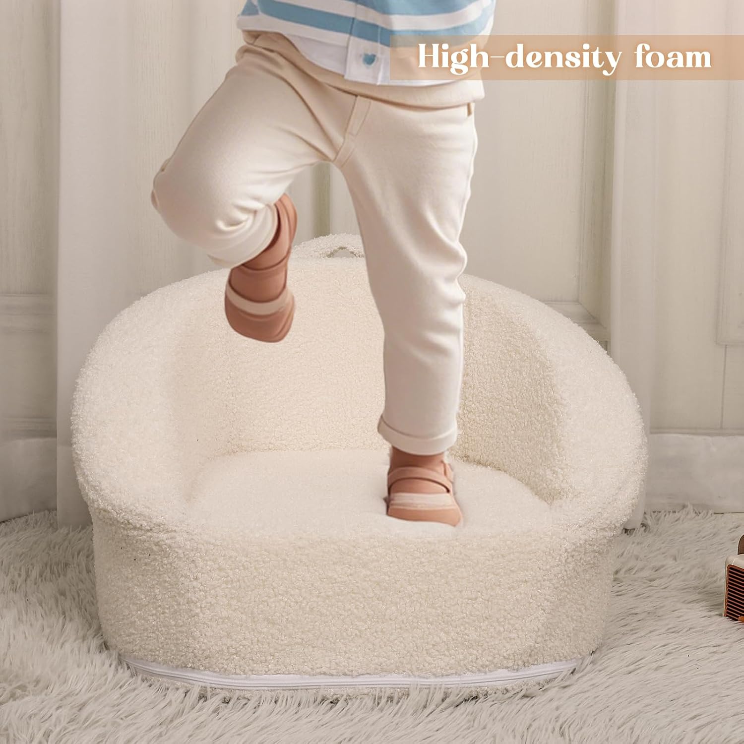 Mini Toddler Chair Comfy - 17.3'' Compact Kids Couch with Carry Handle, Soft Teddy Plush Toddle Chair, Washable Cover & Sturdy Design for Nursery & Playroom - White