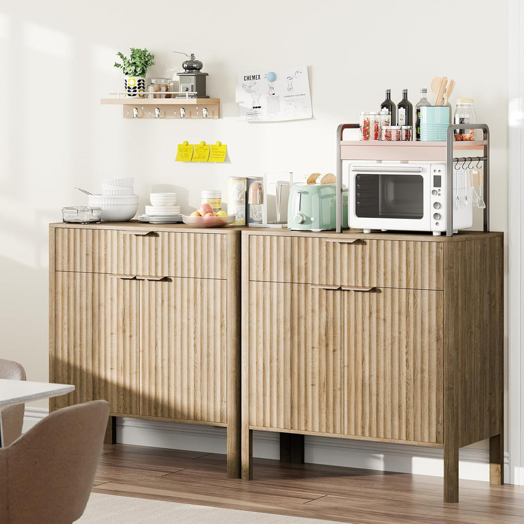 Fluted Buffet Cabinet Accent with Doors & Drawer 31" Oak | Anti-tipping Design, Scratch & Water-resistant, Pre-drilled Easy Assembly Versatile for Kitchen, Entryway & Living Room