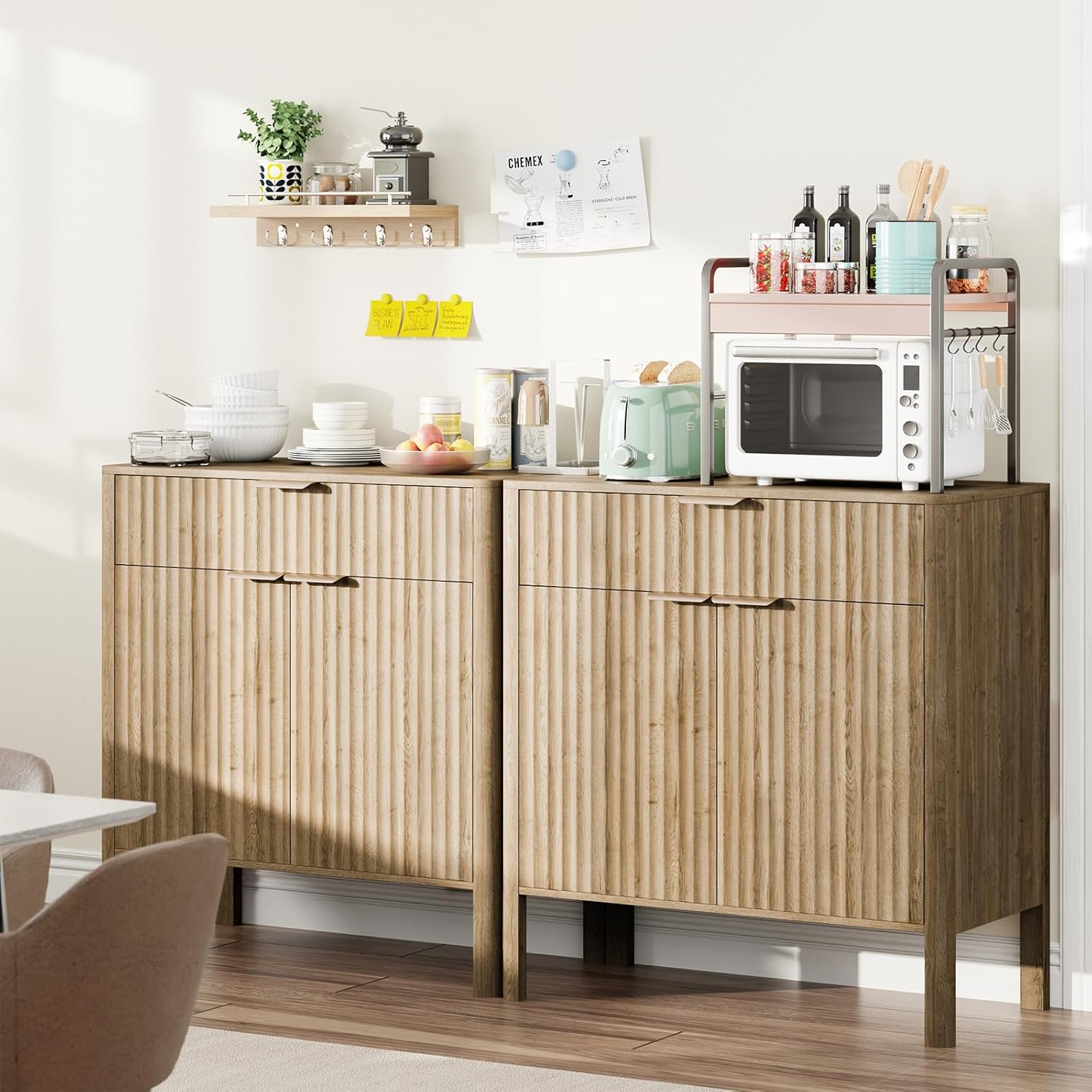Fluted Buffet Cabinet Accent with Doors & Drawer 31" Oak | Anti-tipping Design, Scratch & Water-resistant, Pre-drilled Easy Assembly Versatile for Kitchen, Entryway & Living Room