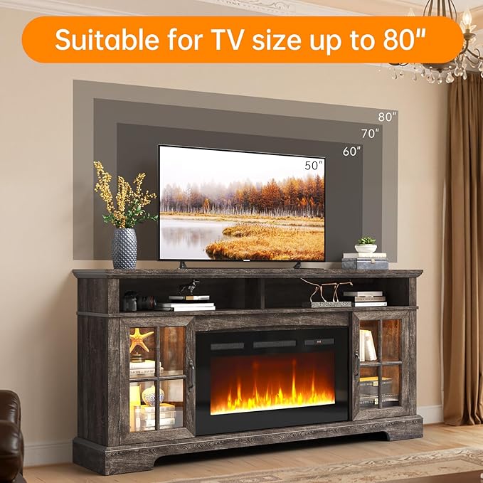 70" TV Stand with Electric Fireplace, Modern Entertainment Center for TVs Up to 80 Inches, Farmhouse Media Console with Storage Cabinets & Doors for Living Room, Gray and Black