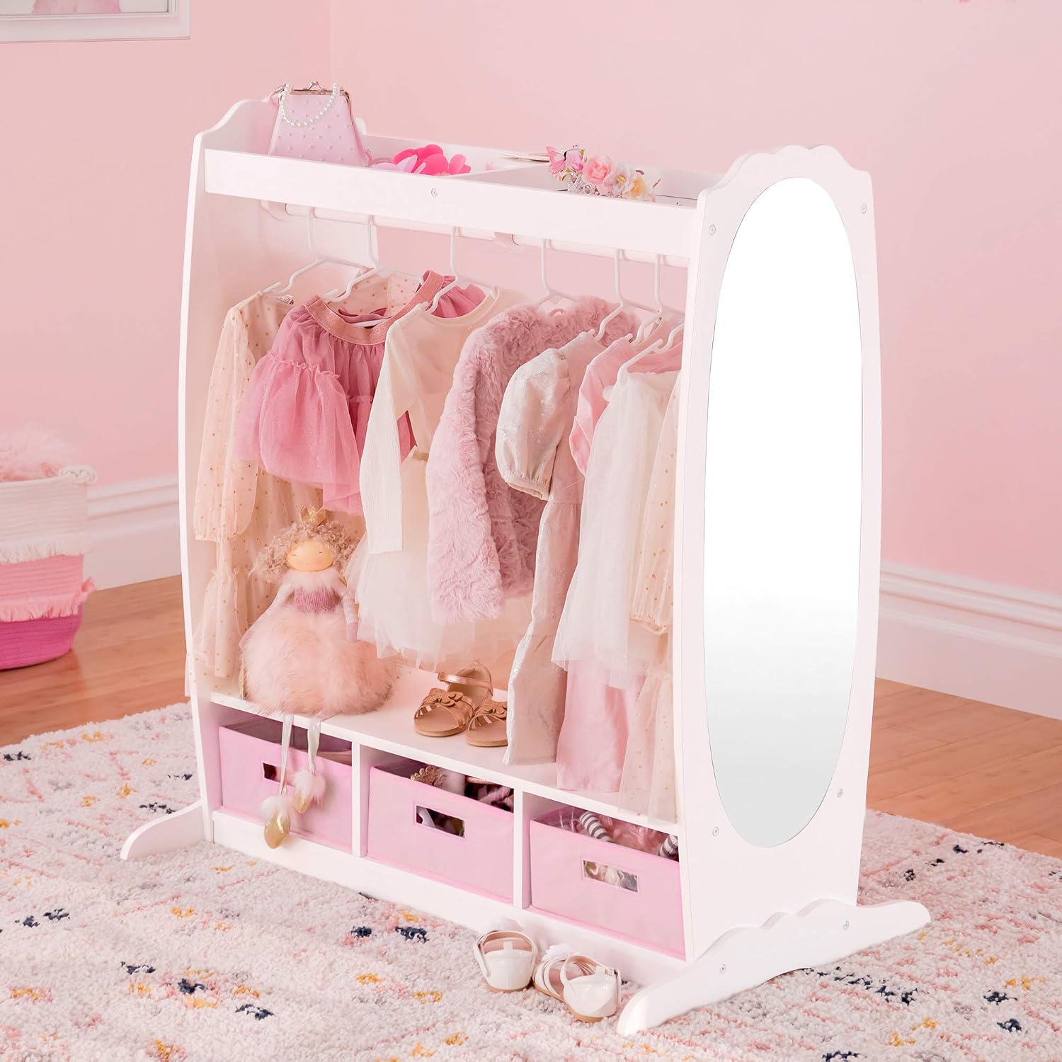 Guidecraft Dress Up Storage – White: Dramatic Play Costume Rack with Mirror and Tray for Toddlers - Kids Armoire, Dresser with Fabric Storage Bins