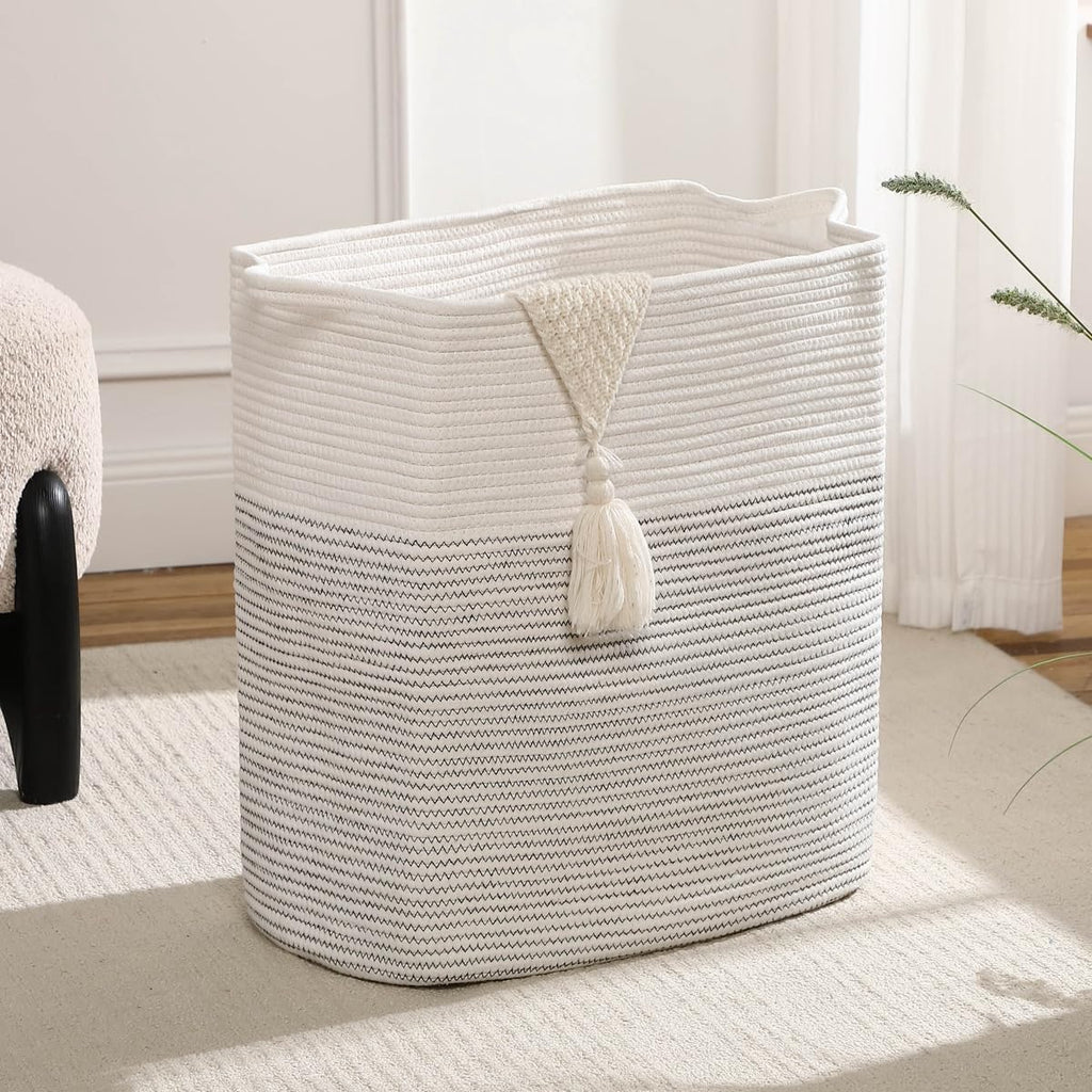 Tall Laundry Basket With Handles,Woven Cotton Rope Big Laundry Hamper Sorters,Versatile Storage for Dirty Clothes,Baby Toys,and Blankets in Bathroom, Nursery,and Living Room (White/Black Line, 80L)