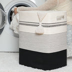 Laundry Hamper, Large Woven Rope Tall Laundry Basket with Handles, 22" X 17" X 13", Decorative Storage Basket for Clothes and Blankets in Living room, Bedroom, Black& White