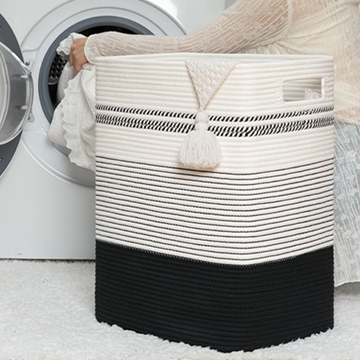 Laundry Hamper, Large Woven Rope Tall Laundry Basket with Handles, 22" X 17" X 13", Decorative Storage Basket for Clothes and Blankets in Living room, Bedroom, Black& White