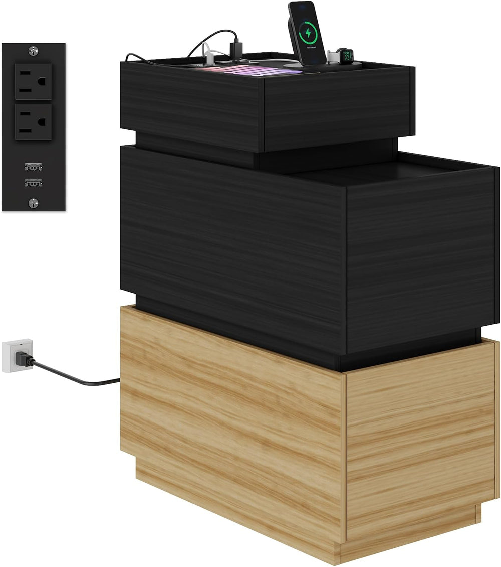 UEV End Table with Charging Station, Nightstand with Drawers and Storage, Nar...