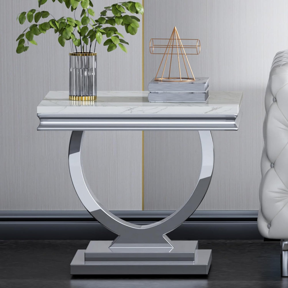 White Faux Marble End Table,Modern Sofa Side Tables with Silver Mirrored Stai...