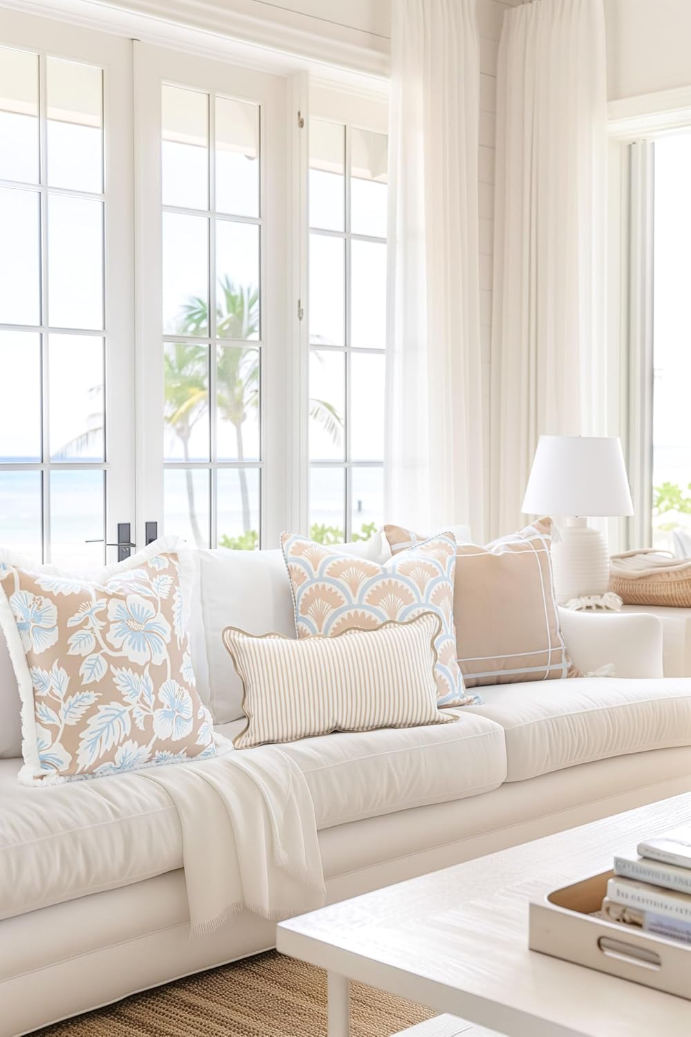 Hofdeco Premium Coastal Patio Indoor Outdoor Scalloped Lumbar Pillow Cover On...