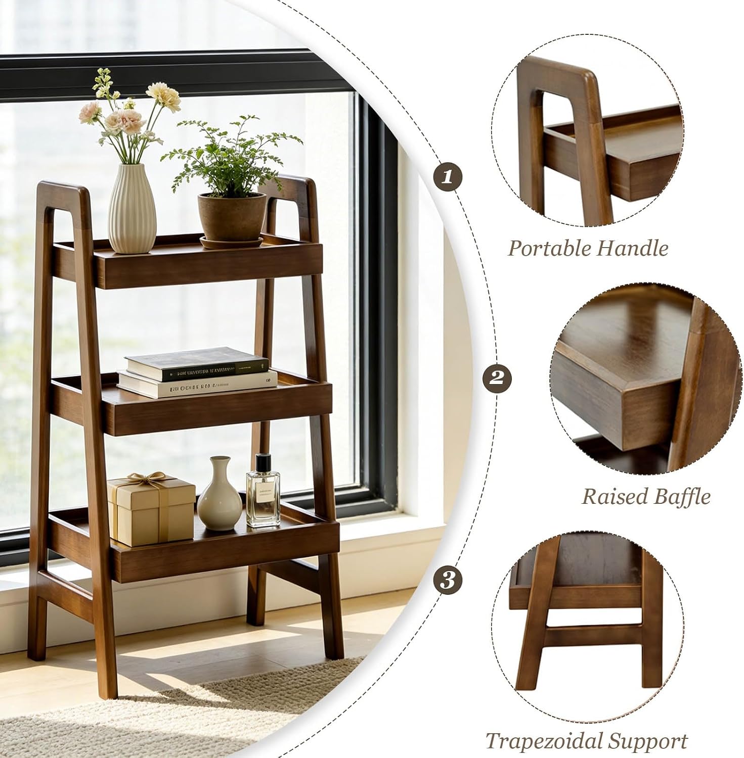 100% Solid Wood 3-Tier Ladder Shelf with Stable Frame for Saving Space | Compact Narrow Standing Ladder Shelves,Ladder Bookshelf with Anti-Slip Edges for Living Room Bedroom Couch