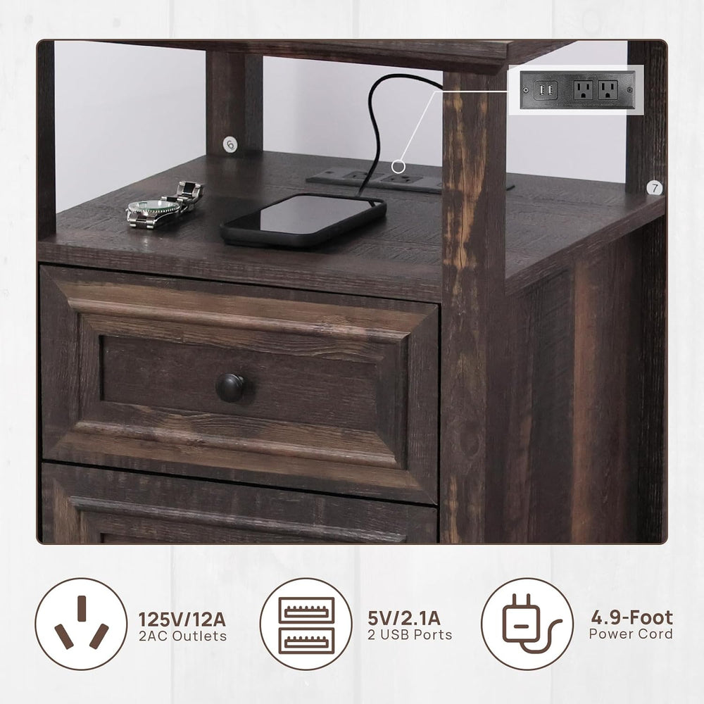 ALBAD Farmhouse Nightstand with Charging Station Rustic Bedside Table with 2 ...