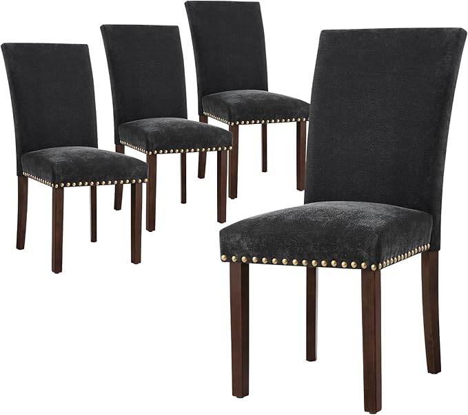 COLAMY Upholstered Parsons Dining Chairs Set of 4, Fabric Dining Room Kitchen Side Chair with Nailhead Trim and Wood Legs - F-Black