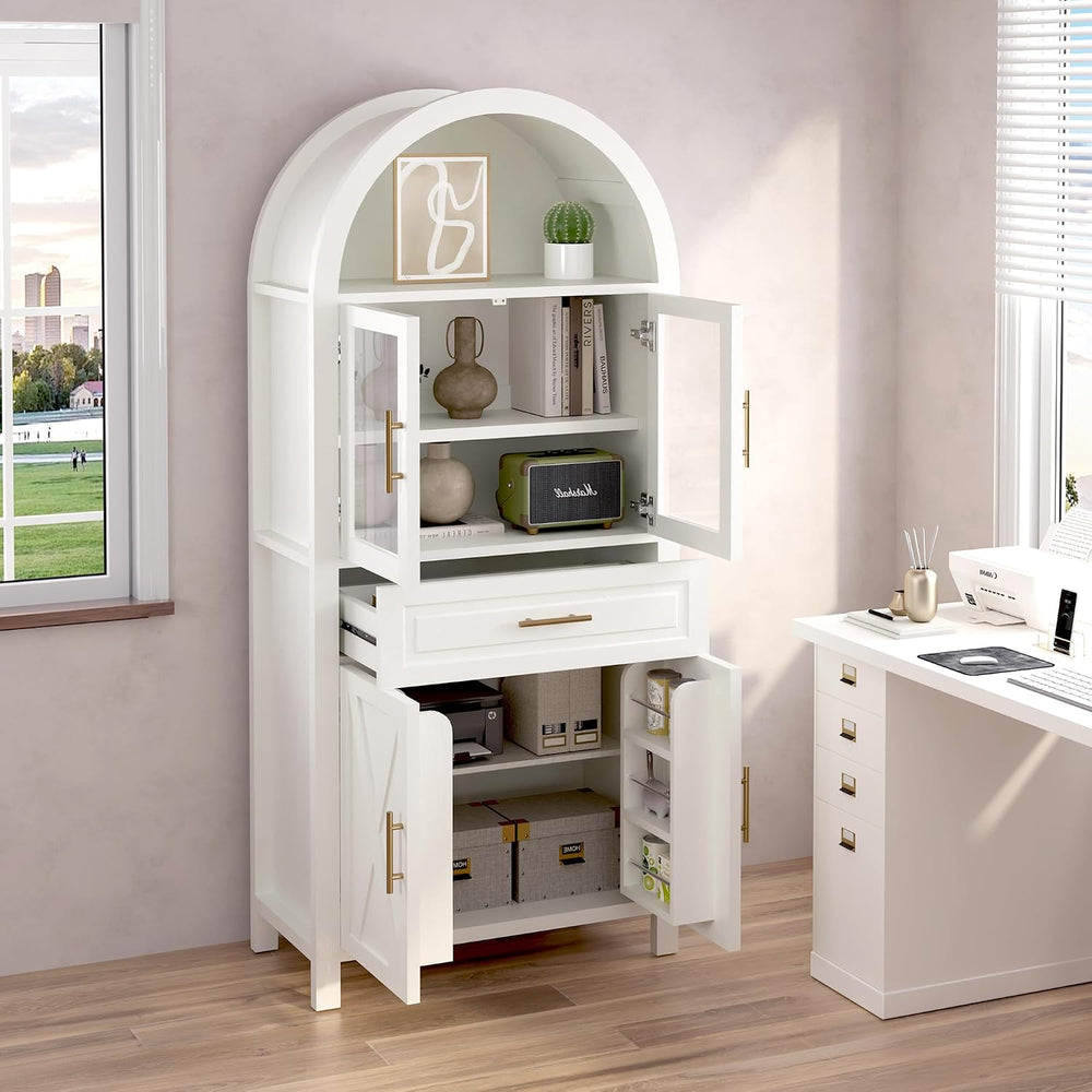 71" Tall Arched Kitchen Pantry Cabinet, Farmhouse Pantry Cabinet with Gl...