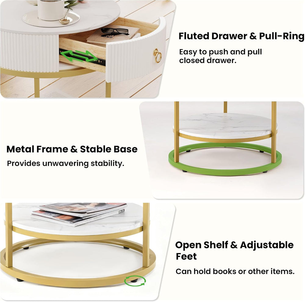 COSIEST Round Side Table with Drawer, Modern Tall Nightstand with Faux Marble...