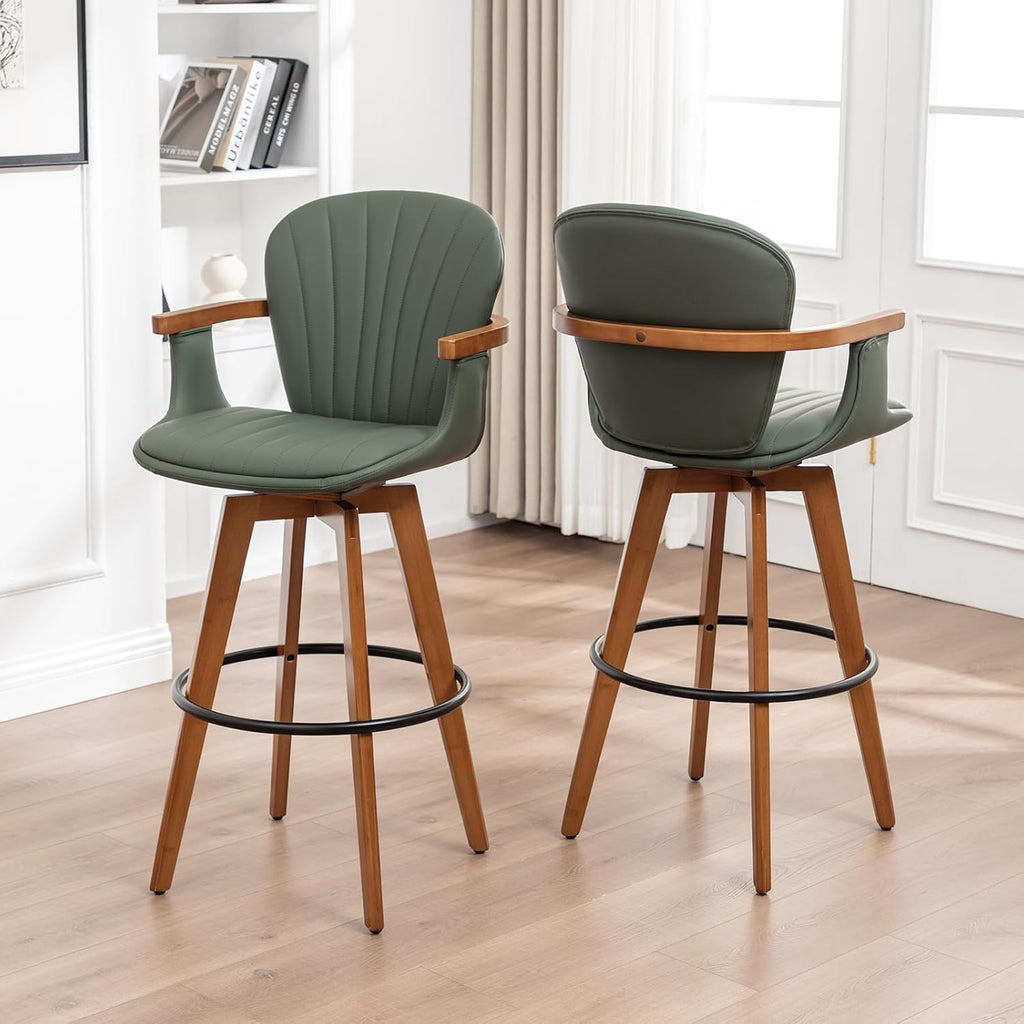 LUNLING 26” Counter Height Stools Set of 2,Mid Century Modern Bar Stools,Green PU Leather Kitchen Island Stool,Wood High Barstools Swivel with Back and Arms for Home Bar Furniture