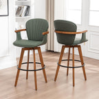 LUNLING 26” Counter Height Stools Set of 2,Mid Century Modern Bar Stools,Green PU Leather Kitchen Island Stool,Wood High Barstools Swivel with Back and Arms for Home Bar Furniture