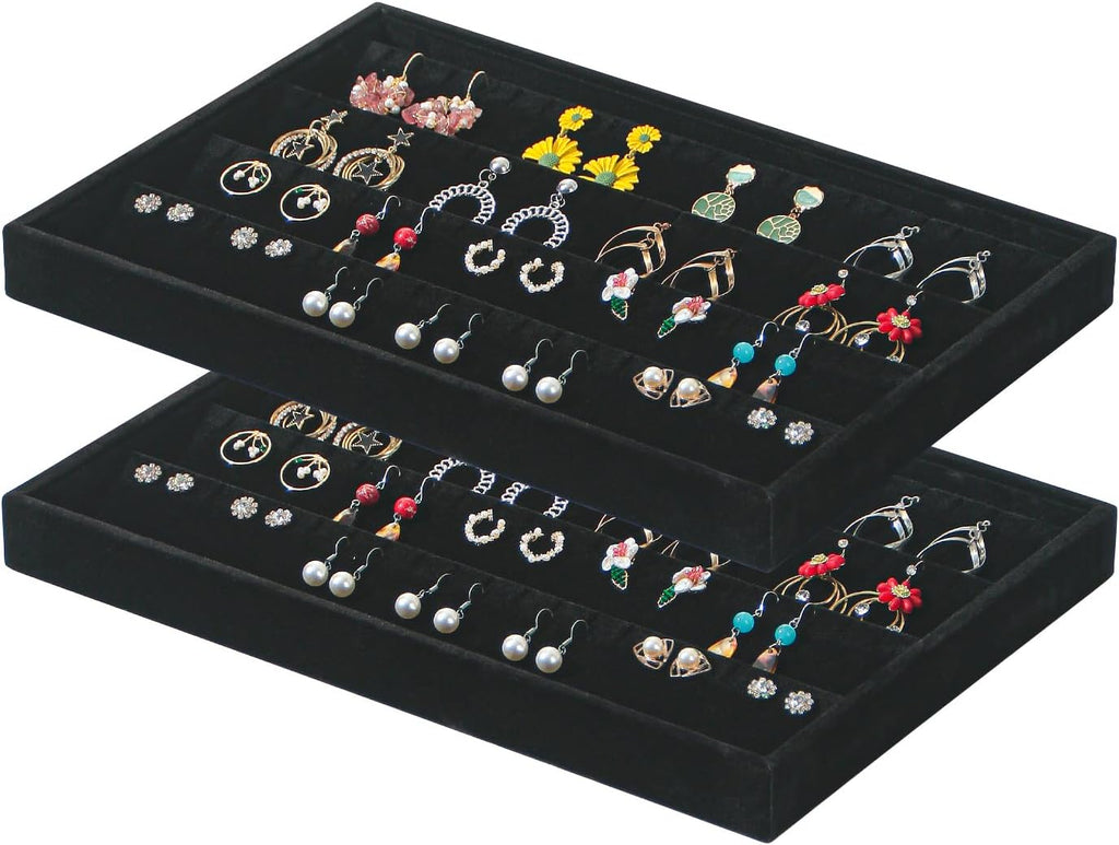 Coward 2PC Black Velvet Stackable Earring Tray Drawer Jewelry Holder Organizer Box Storage Earring Display Stand for Home Drawer or Store Selling (earring+earring)