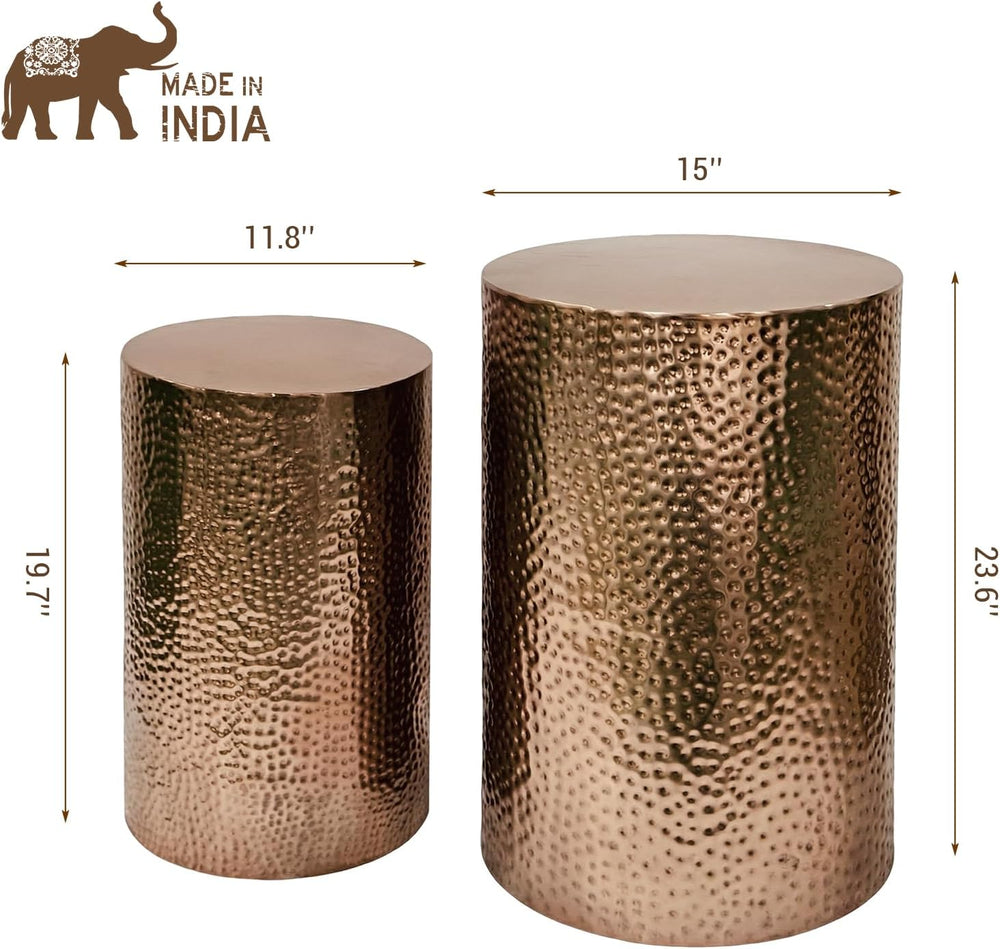 MyGift Set of 2 Modern Hammered Metal Bronze Round End Tables, Home Accent Si...