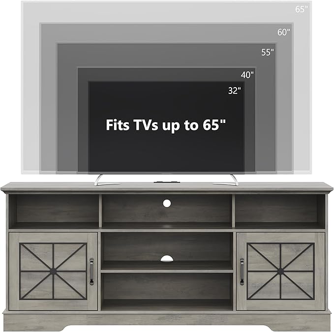 Farmhouse TV Stand for 65/60/55 Inch Tvs, Rustic Entertainment Center with LED Lights and Power Outlets, Modern Media Console Table, Wood Television Furniture for Living Room, Bedroom, Grey