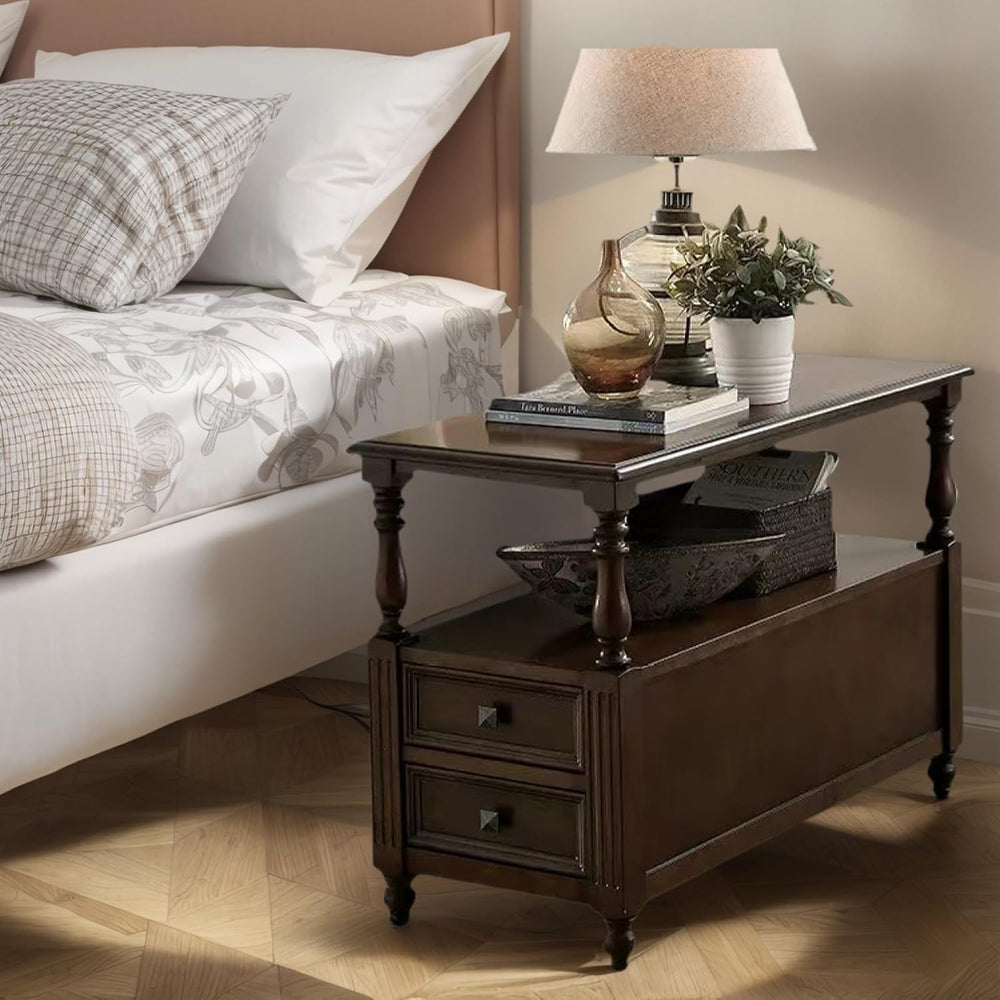 YUNMUARY-Solid Wood End Table with 2 Drawer Mid-Century Nightstand Narrow Sid...