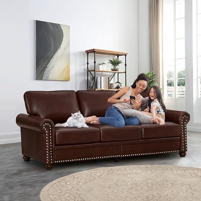 Faux Leather Sofa,82" W Mid Century Modern Couch with Storage Place,Oversized 3 Seater Sofa with Nailhead Trim&Rolled Armrests,Deep Seat Comfy Couch for Living Room,Bedroom,Apartment,Office(Burgundy)