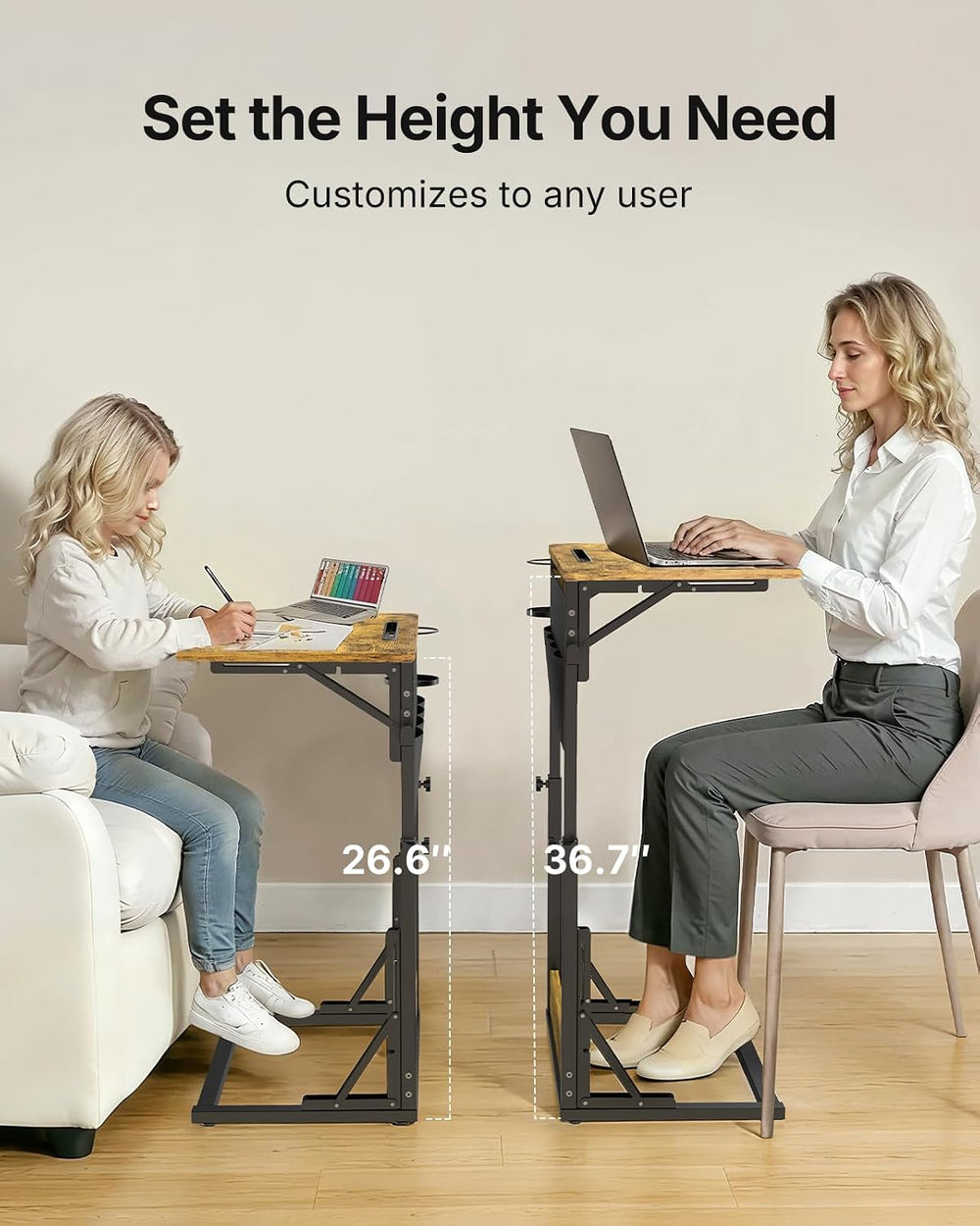 HUANUO Adjustable TV Tray Table with Cup Holder, Storage Bag & Tablet Slot