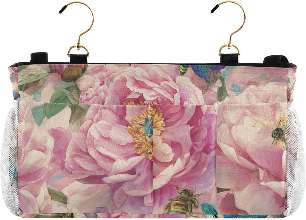 Pink Peony Bee Dragonfly Bedside Caddy for Dorm Bed Bedside Hanging Caddy Bag Iron Frame Storage Organizer Pocket for Bunk Home College Hospital Beds 2 Hooks