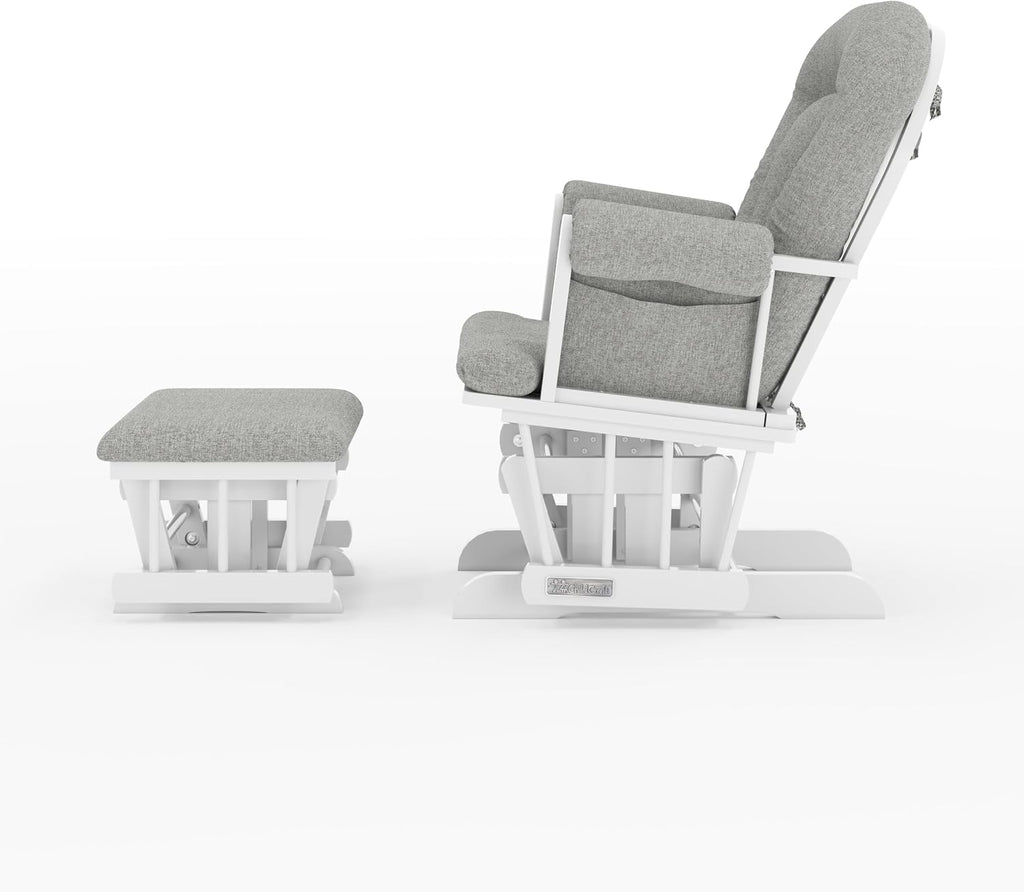 Child Craft Cozy Glider Rocker and Ottoman Set, Smooth Quiet Gliding Motion, Padded Cushion with Convenient Storage Pockets, Solid Wood Base & Frame (Matte White with Gray Cushion)
