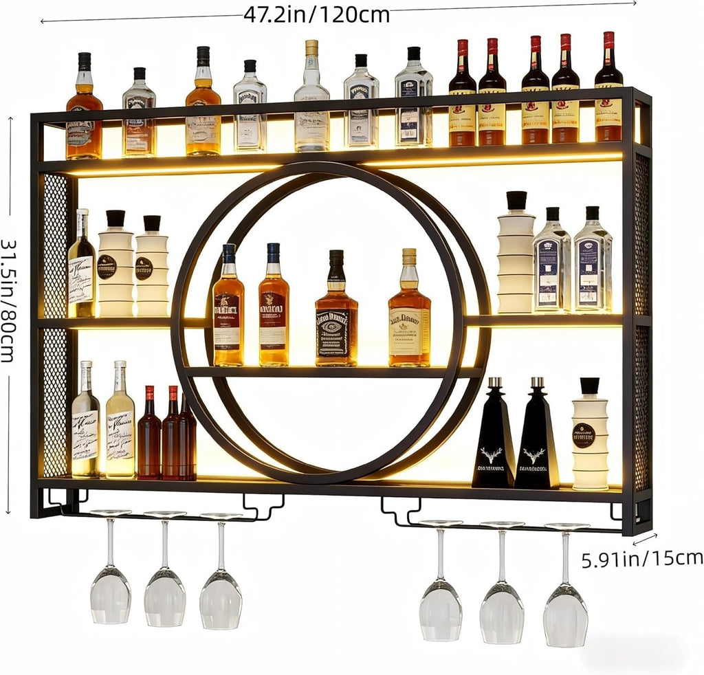 47.2” Wall Mounted Wine Rack with LED Light and Glass Holder | Industrial Metal Bar Shelf Wall Mounted Wine Rack for Kitchen, Bar, Dining Room (Black, 47.2inch/120cm)