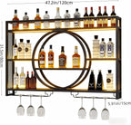 47.2” Wall Mounted Wine Rack with LED Light and Glass Holder | Industrial Metal Bar Shelf Wall Mounted Wine Rack for Kitchen, Bar, Dining Room (Black, 47.2inch/120cm)