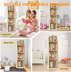 DELEMODUO Kids Rotating Bookshelf with Mirror, 48inch Wood Stading Floor Bookshelf for Small Space, 4 Tier Floor Standing Bookcase Storage Rack for Bedroom, Living Room, Study Room