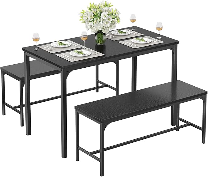 DUMOS Dining Table Set, Dining Table for 4 with Bench, Kitchen Table, Space-Saving Ideal 4-Person Set for Dining Room Kitchen Apartment Corner Black 3 Pack