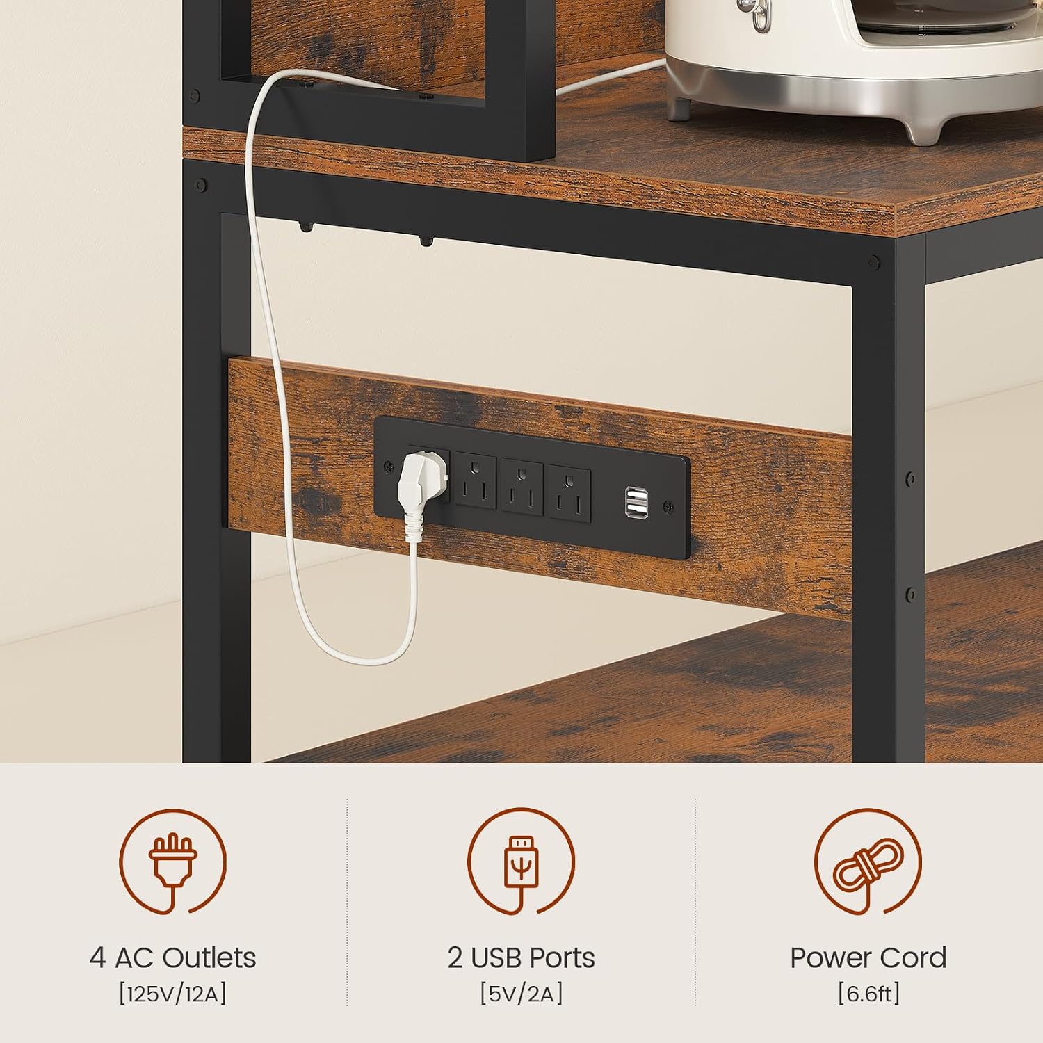 47.2 in Bakers Rack with Power Outlet & LED Light, Coffee Bar with Coffee Pod Holder for Vetuo, Kitchen Microwave Stand with Storage Shelves, Paper Holder, Cabinet, Wire Basket, 8 Hooks (Rustic Brown)