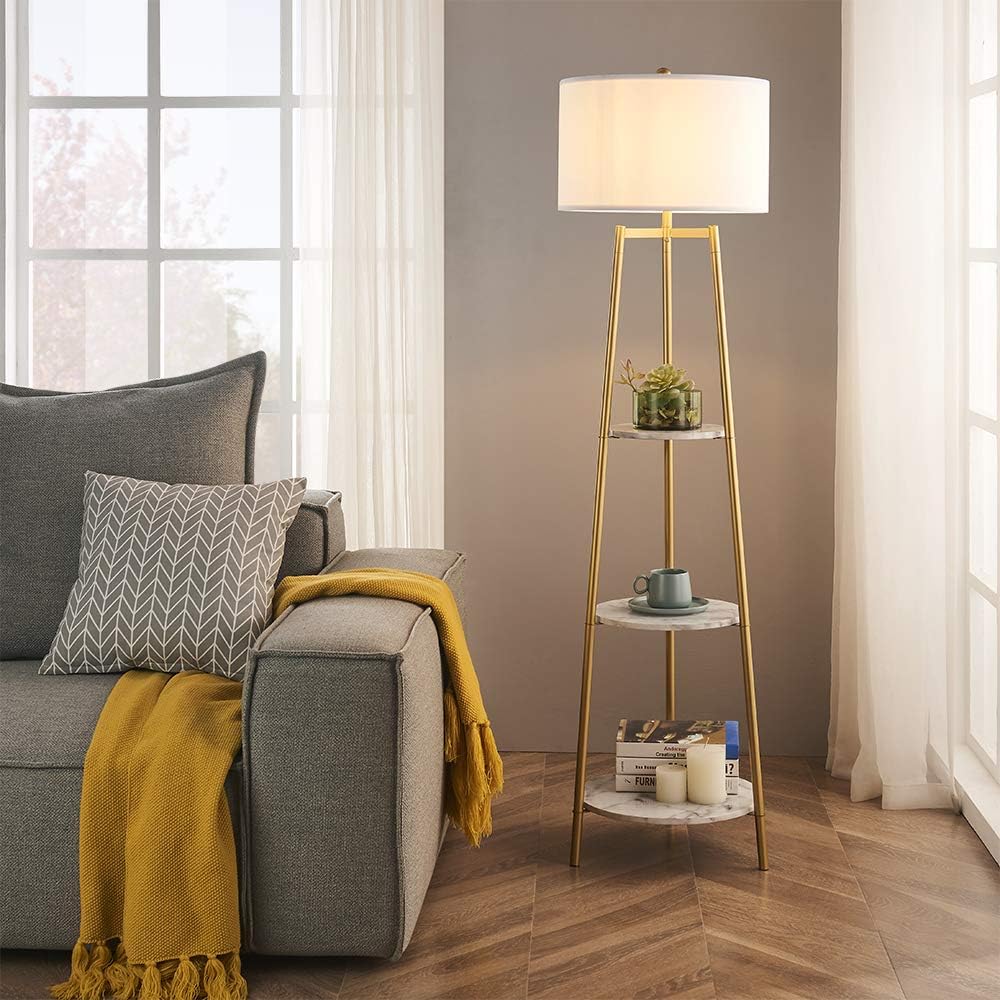 ROSEN GARDEN Floor Lamp, Standing Reading Light with Faux Marble Shelves and ...
