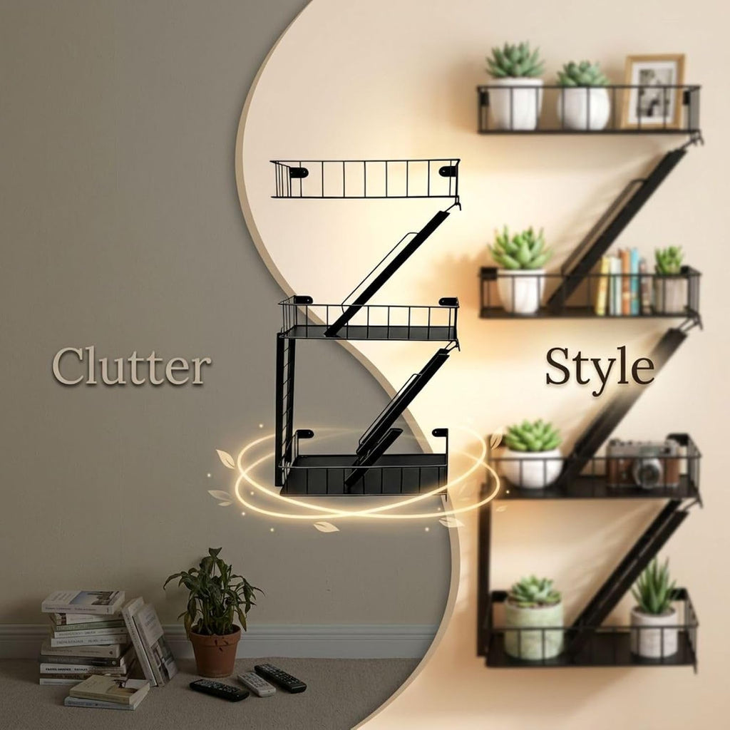 4 Tier Fire Escape Wall Mount Shelf, Iron Art Staircase Floating Display Rack for Home Bedroom Living Room, Plant Storage Organizer, Black, 30 x 12 x 4.7 in