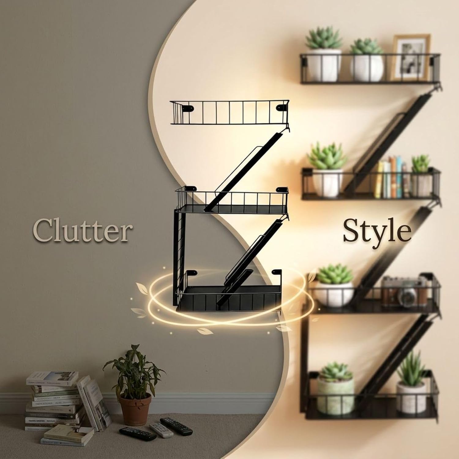 4 Tier Fire Escape Wall Mount Shelf, Iron Art Staircase Floating Display Rack for Home Bedroom Living Room, Plant Storage Organizer, Black, 30 x 12 x 4.7 in