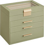 SONGMICS Jewelry Box Organizer with Glass Lid, 4-Layer Jewelry Storage, with 3 Drawers, Modern Style, Christmas Gift, 6 x 9.9 x 8.5 Inches, Laurel Green UJBC161C02