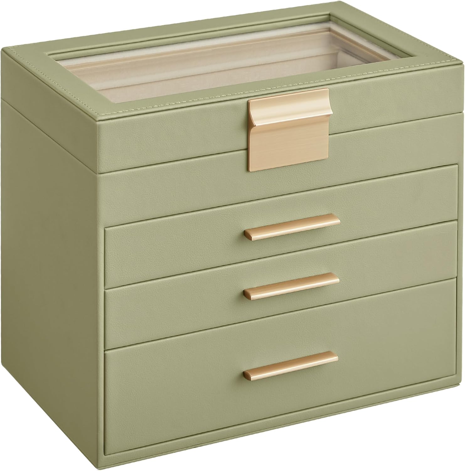 SONGMICS Jewelry Box Organizer with Glass Lid, 4-Layer Jewelry Storage, with 3 Drawers, Modern Style, Christmas Gift, 6 x 9.9 x 8.5 Inches, Laurel Green UJBC161C02