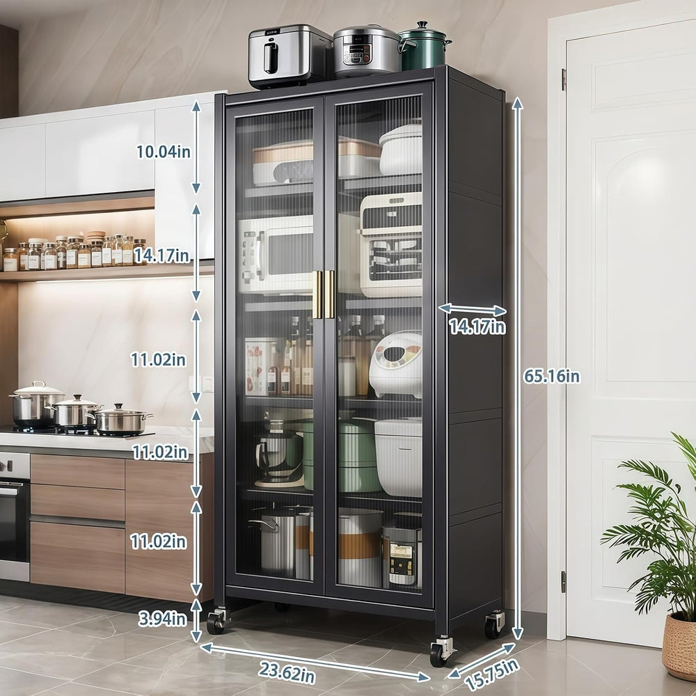65" Kitchen Pantry Cabinet with Wheels & Adjustable Shelves, 6-Tier ...