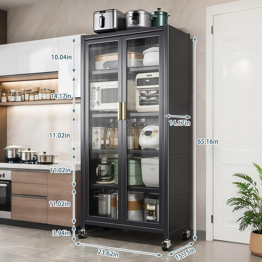65" Kitchen Pantry Storage Cabinet, 6 Tier Metal Display Storage Cabinet with Transparent Door, Adjustable Shelves & Wheels, Food Pantries Cabinets, for Kitchen, Living Room and Dining Room, Gray