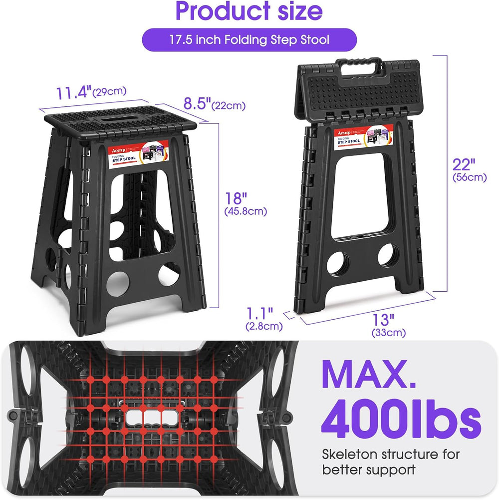 ACSTEP 17.5 Inch Heavy Duty Folding Step Stool, 400 lbs, Dot Black