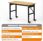 Betterhood 48" Adjustable Workbench on Wheels, Rubber Wood Heavy Duty Workstation with Power Outlets&2 Pegboards, 2000 Load Capacity Hardwood Worktable for Workshop, Garage, Office, Home, Commercial