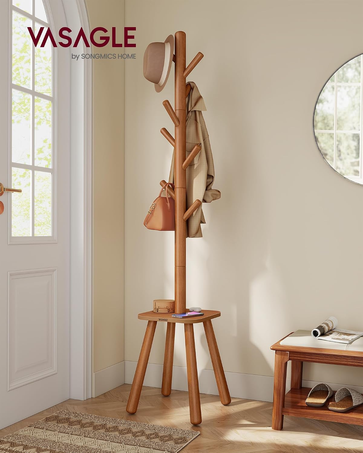 VASAGLE Coat Rack, Free Standing Coat Stand, Hall Coat Tree with 8 Hooks and Storage Shelf, 69.2 Inch Tall, for Coats, Hats, Bags, for Entryway, Hallway, Bedroom, Caramel Brown URCR033K01