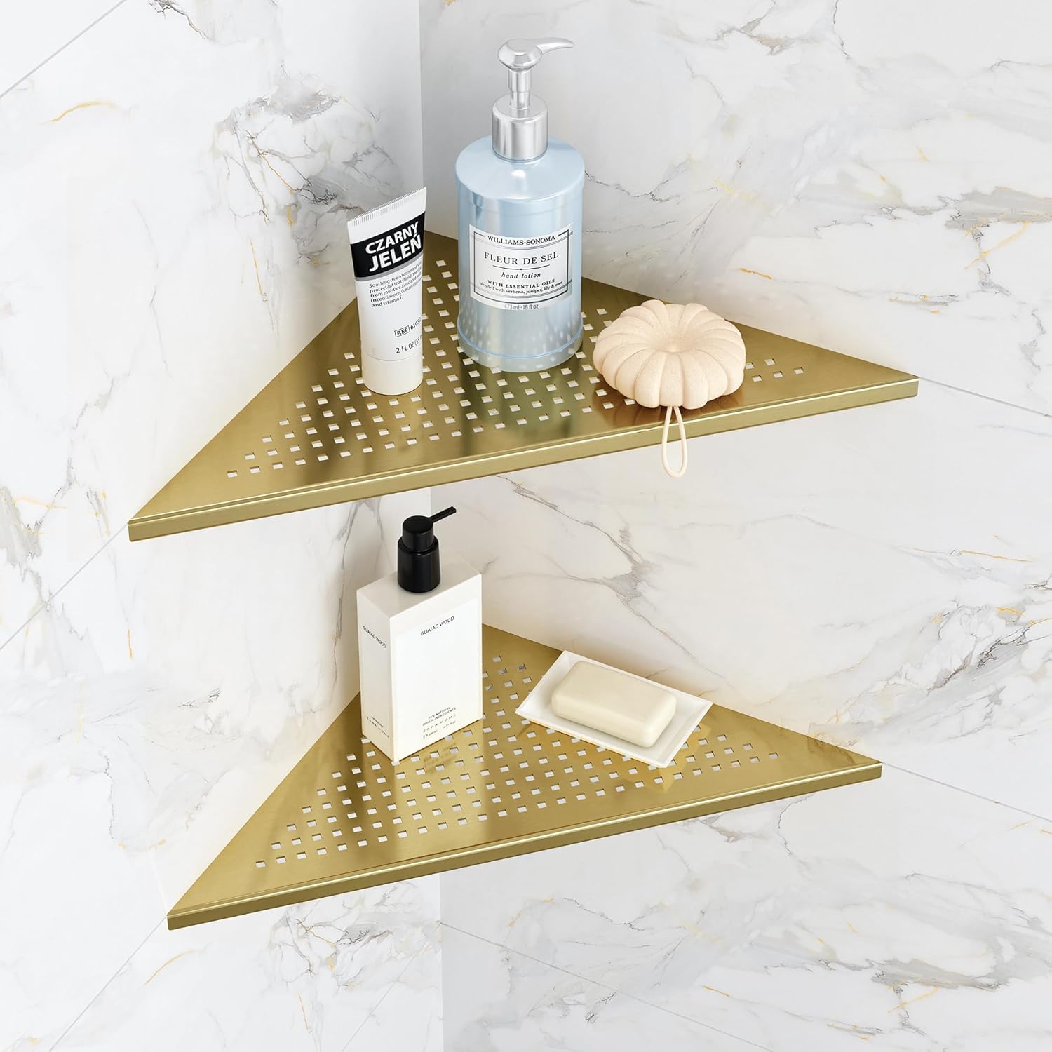 2 Pack Bathroom Corner Shelf, Recessed 12" Corner Shower Shelf, SUS304 Stainless Steel Triangular Wall Mount, No Drilling, Brushed Golden