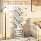 10 Tier Tree Bookshelf,Floor Standing Wood Tall Bookcase for Narrow Space, Storage Organizer Bookshelves for Books, Book Case for CDs/Movies/Books,Home Office,Living Room, Bedroom