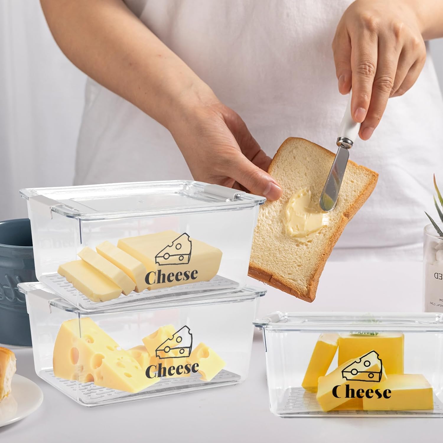 Cheese Holder Food Storage, Airtight Cheese Storage Box with Lid- Non Toxic, Lunch Meat Storage Sandwich Ham Cheeses Salami Sliced Turkey for Refrigerator to Keep Food Fresh,Clear-3Pack