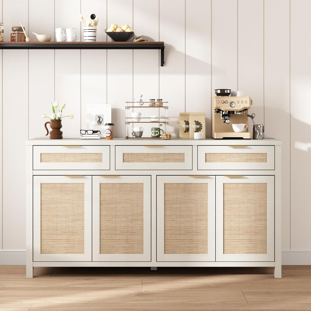HOKYHOKY Rattan Sideboard Buffet Cabinet, Boho Storage Cabinet with Adjustabl...